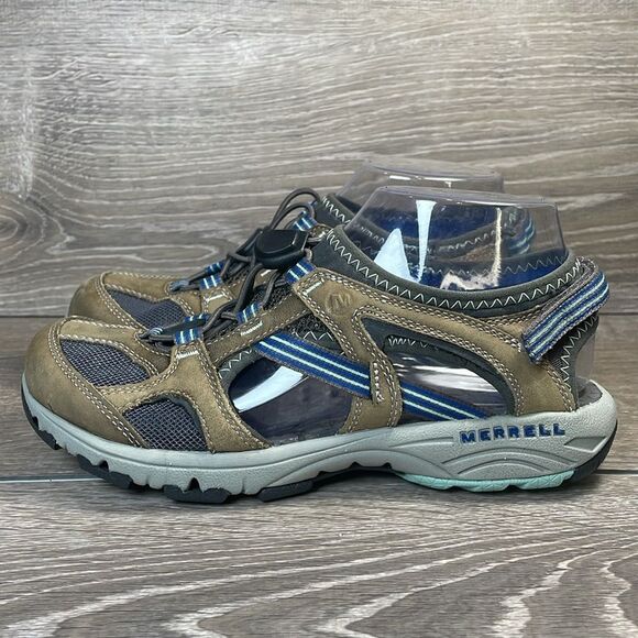 Merrell Cambrian Oyster Pull Women’s Sz 7 Leather Mesh Outdoor Vibram Sandals - Picture 3 of 12